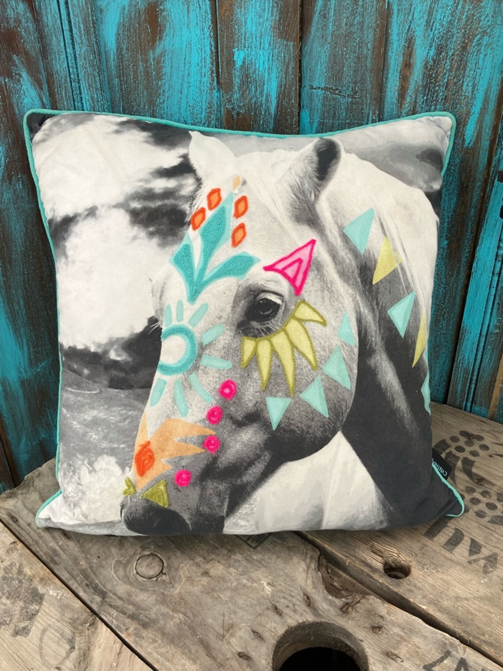 Cynthia Rowley Horse Pattern Embroidery Pillow Cover 18 inch Square With Insert